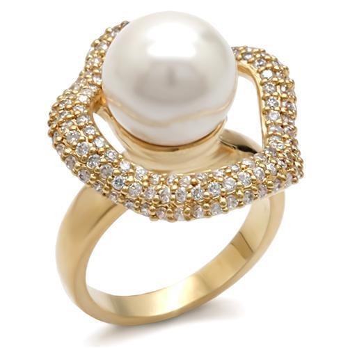 JCE103 Gold Brass Ring with Synthetic Pearl in White